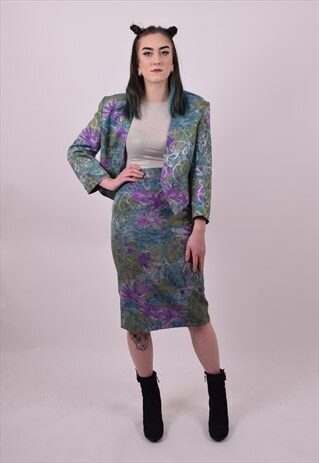 VINTAGE 80'S GREEN & PURPLE PENCIL SKIRT & JACKET SIZE 10 12
