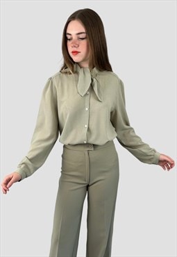 80's Vintage Blouse Sage Green Long Sleeve Pussy Bow