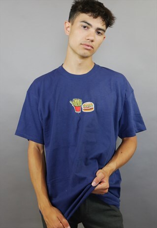 NAVY BLUE BURGER & FRIES PATCH T-SHIRT