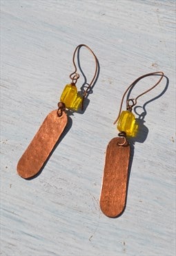 Unique handmade hammered copper yellow glass beaded earrings