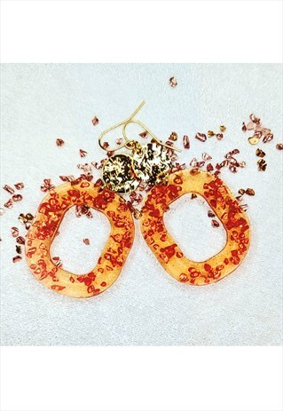 CORAL & GOLD OVAL DANGLE STATEMENT EARRINGS