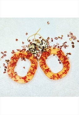 Coral & Gold Oval Dangle Statement Earrings