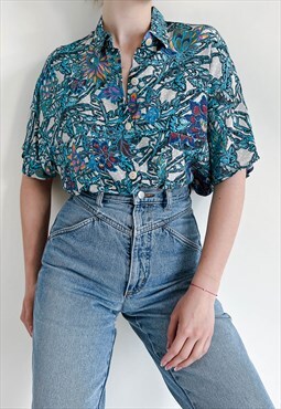 Vintage 90s Festival Short Sleeve Multi Color Women Shirt M 