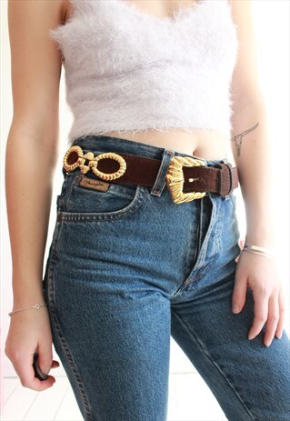 VINTAGE 80S BROWN SUEDE & GOLD BELT