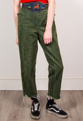 90'S GREEN DENIM HIGH WAIST DEER EMBROIDERED JEANS TROUSERS