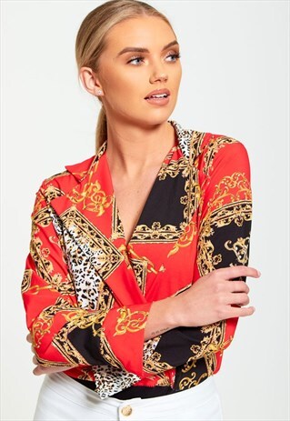 RED LEOPARD AND CHAIN PRINTED BODYSUIT