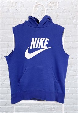 Vintage Nike Hoodie Sleeveless Spell Out Swoosh Blue Medium 