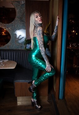 Green metallic ruched stretch jumpsuit 