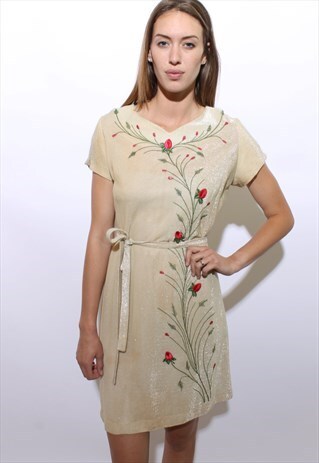 VINTAGE 60S METALLIC GOLD ROSE EMBROIDERED DRESS GOLDEN M L