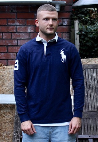 VINTAGE NAVY BIG PONY POLO RALPH LAUREN RUGBY TOP SMALL