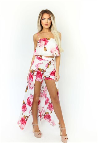 WHITE PINK FLORAL CROP TOP & MATCHING MAXI SHORTS CO ORD