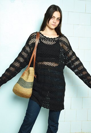 VINTAGE 90S CROCHET KNIT HAUTE BOHEME OVERSWIM BLOUSE TOP
