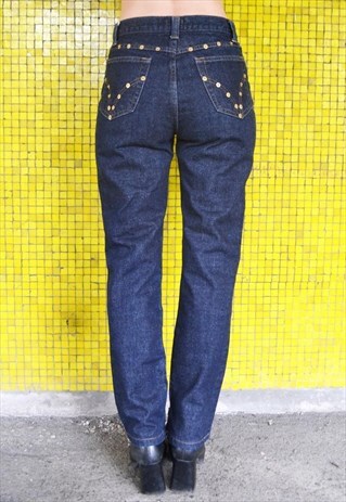VINTAGE HIGH WAISTED DENIM STUDDED STUD JEANS
