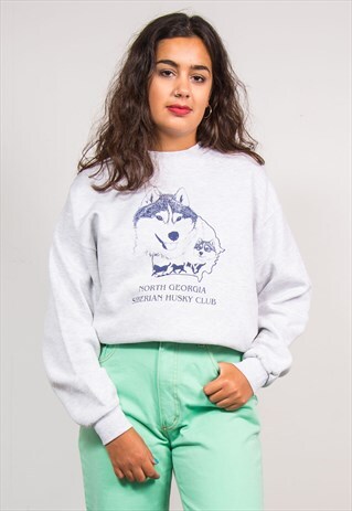 VINTAGE 90'S GREY USA HUSKY CLUB SWEATER JUMPER