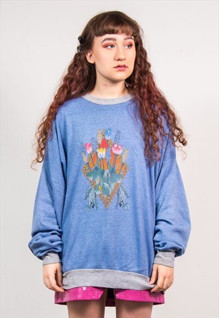 VINTAGE 90'S BLUE TULIP FLORAL PATTERN OVERSIZED SWEATSHIRT