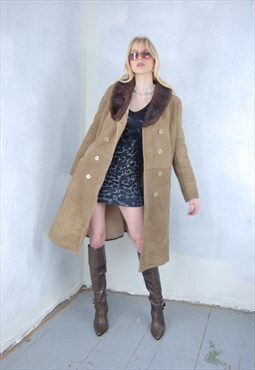 Vintage 80's long suede shearling trench coat in light cream