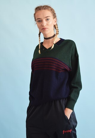 90'S RETRO STRIPED KNIT WOOLEN OVERSIZED JUMPER