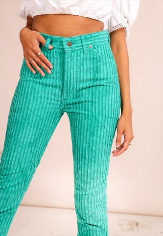 VINTAGE 80S GREEN CORDUROY SKINNY LEE TROUSERS