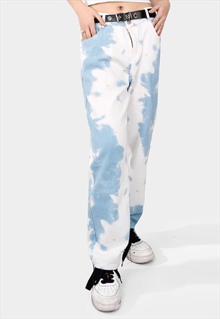 TIE-DYE JEANS WASHED OUT CLOUD DENIM PANTS IN BLUE