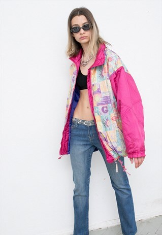 VINTAGE PINK ARM PUFFER JACKET MOON STAR PRINT WINDBREAKER