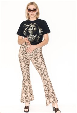 Vintage 90s snake print stretchy flare trousers in beige