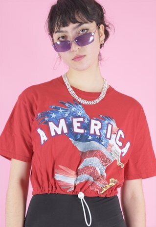 VINTAGE REWORKED CROP TOP IN RED WITH AMERICA EAGLE PRINT