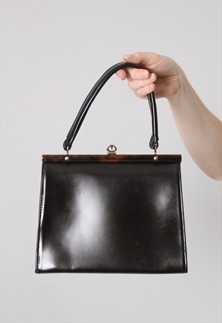 VINTAGE 50S 60S BLACK TORTOISESHELL CLASP BOX KELLY HANDBAG