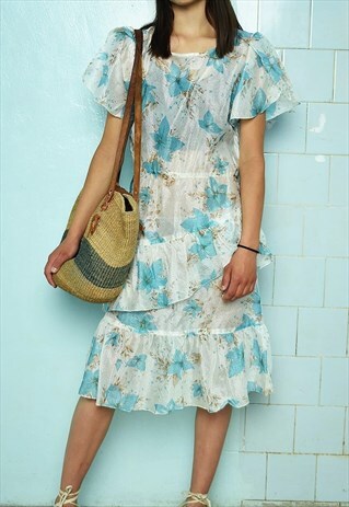 VINTAGE 70S RUFFLE FLORAL PRINT MIDI DRESS WEDDING PROM