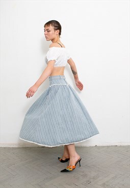 Vintage Denim Midi Skirt Striped Blue A line Romantic 90s