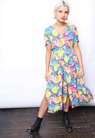 VINTAGE 90S MULTICOLOURED FLORAL PRINT BUTTON MIDI DRESS