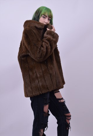 VINTAGE 90'S BROWN FAUX FUR COAT SIZE LARGE