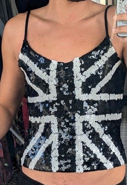 Black Sequin Union Jack Top