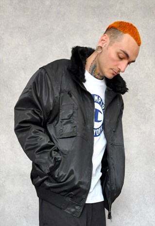 BLACK PILOT BOMBER JACKET WITH FAUX FUR COLLAR