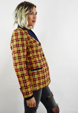 VINTAGE 80S CRAZY CHECK BOXY BLAZER W/CONTRAST COLLAR