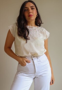Vintage 80s Satin Blouse with Cut Out Detailing - S