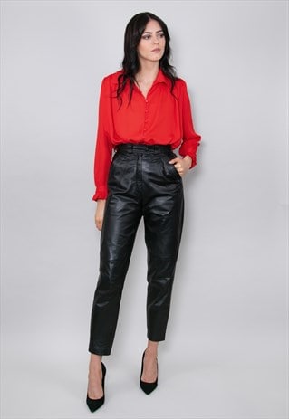 80'S VINTAGE LADIES TROUSERS BLACK LEATHER HIGH RISE