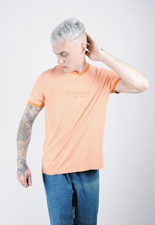 VINTAGE 90'S CK SPELLOUT RINGER T-SHIRT PEACH