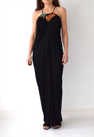 VINTAGE 70S GRECIAN RUCHED SPAGHETTI STRAP HALTER NECK DRESS