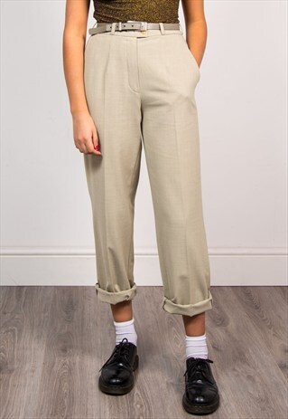 VINTAGE 90'S BEIGE SMART TAPERED HIGH WAIST BELTED TROUSERS
