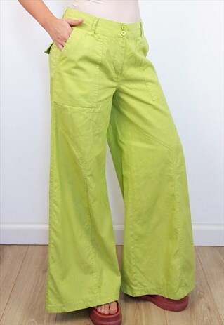 VINTAGE 90'S WIDE LEG FLARED LINEN GREEN TROUSERS