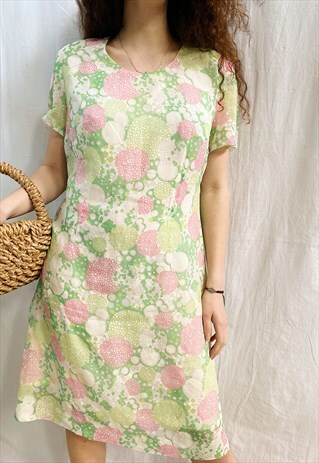 VINTAGE 50S MOD ABSTRACT FLORAL PRINT CHIC MIDI DRESS PASTEL