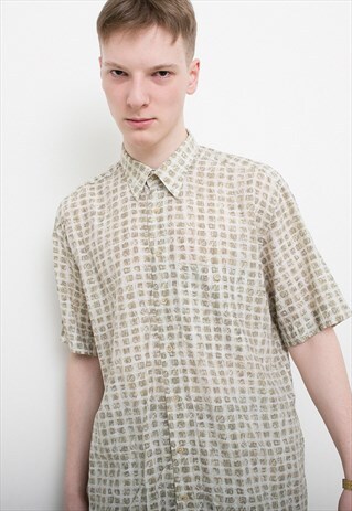 VINTAGE BEIGE KHAKI GEOMETRIC PATTERN PLAID LIGHT SHIRT