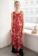 Vintage 80's Red Flower Print Sleeveless Summer Dress