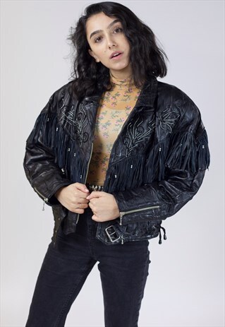 VINTAGE 90S BLACK EMBROIDERED LEATHER JACKET