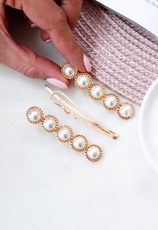 GOLD PEARL BARRETTE HAIR CLIP PIN SET