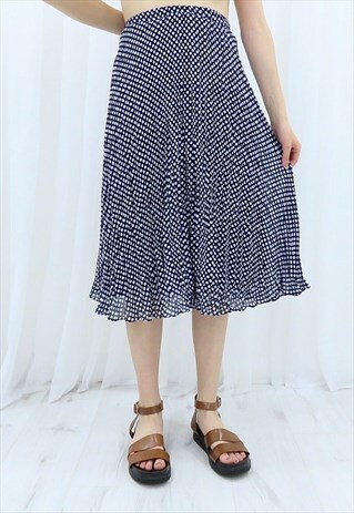 80S VINTAGE NAVY PLEATED POLKA DOT MIDI SKIRT