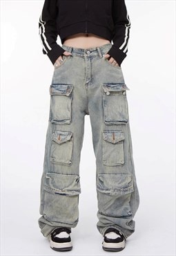 Skater jeans grunge cargo pocket denim pants in faded green