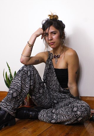 PETITE FAIRTRADE BLACK ELEPHANT JUMPSUIT / DUNGAREES