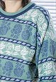 VINTAGE 80'S GREEN/BLUE FLORAL PRINT KNITTED JUMPER