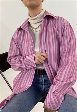 90s Vintage Essential Pink Stripe Unisex Over Shirt 